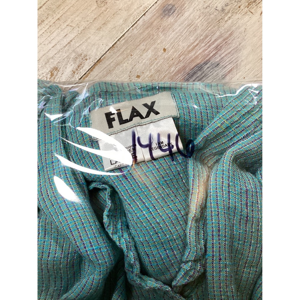 FLAX 100% Linen Turquoise Blue Stripe Short Sleeve Button Up Shirt L Minimalist - Picture 7 of 7